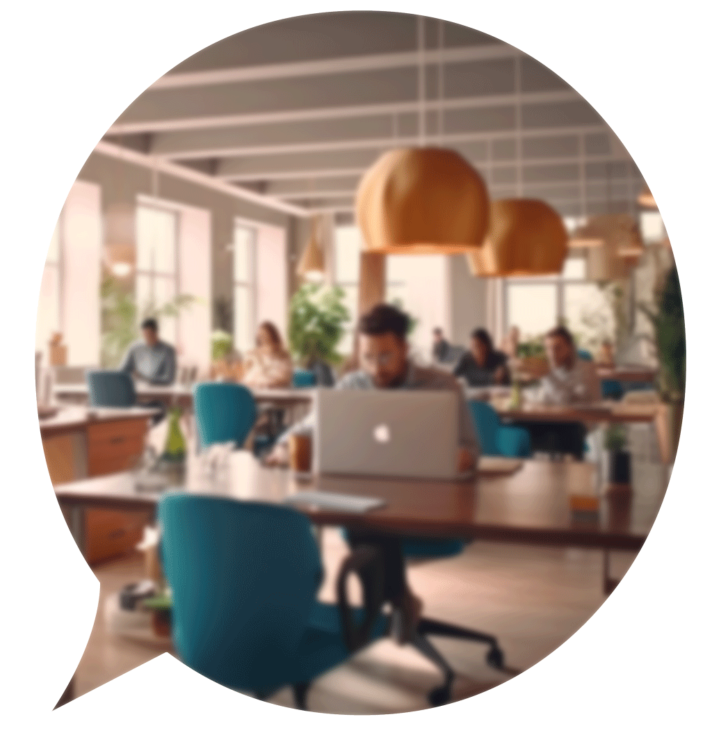worker in open concept office in shape of word bubble