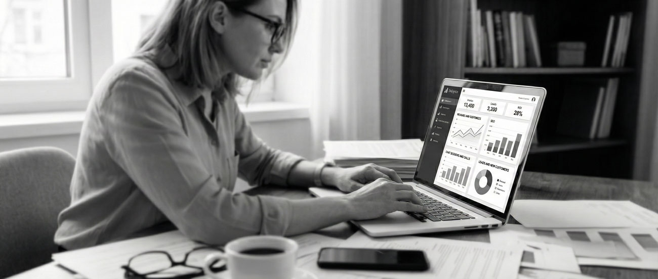 woman sits at desk looking at report on computer (ai generated)