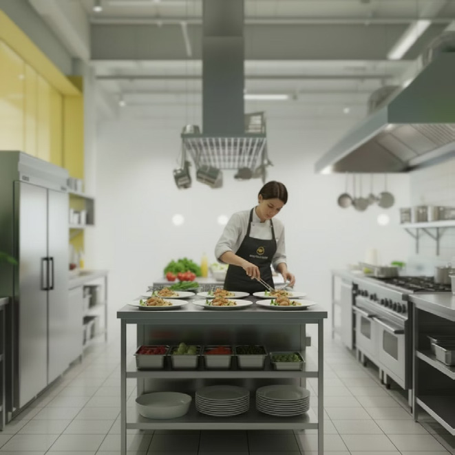 chef plating food in restaurant kitchen, ai generated