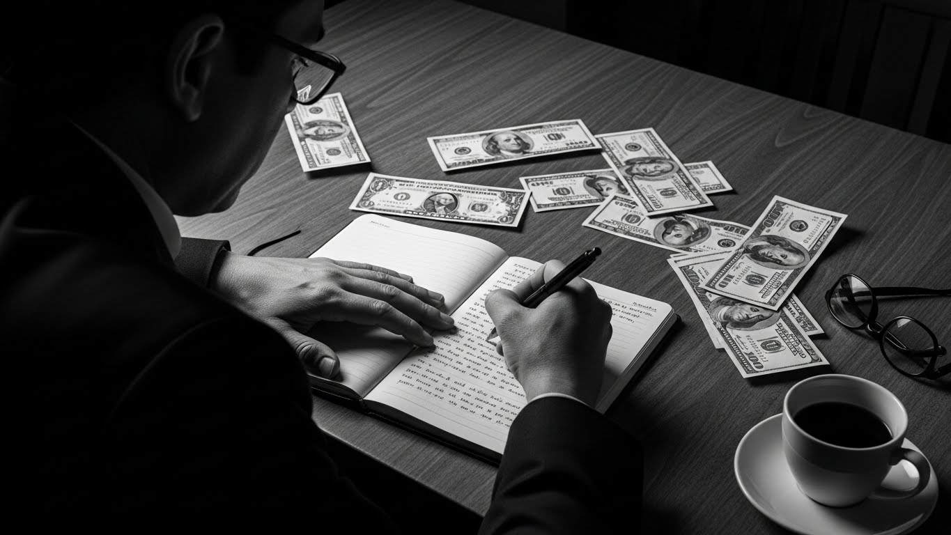 man writing in ledger