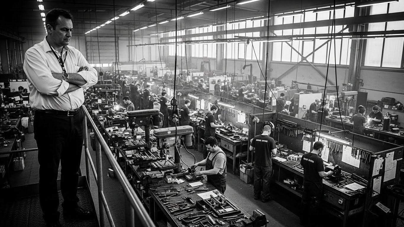 supervisor overlooking workers in a factory