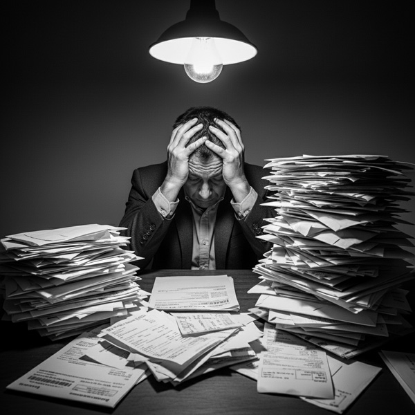 man holding head on desk with paper stacks