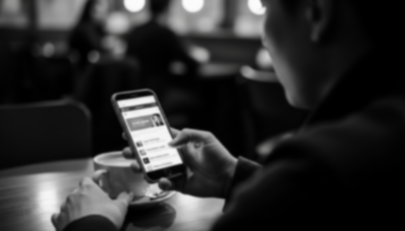 person sitting in cafe looking at phone